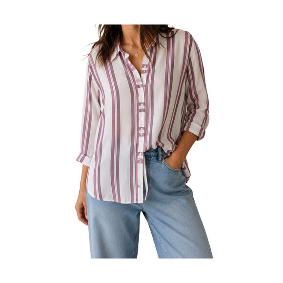LOFT Tops - LOFT Petites Cream Striped Rayon Button Up Blouse Boyfriend Fit Size MP